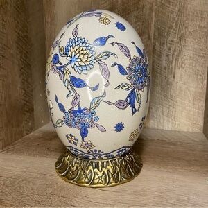Vintage Blue & White Chinoiserie Porcelain Egg | Ornate Bronze Stand 10"